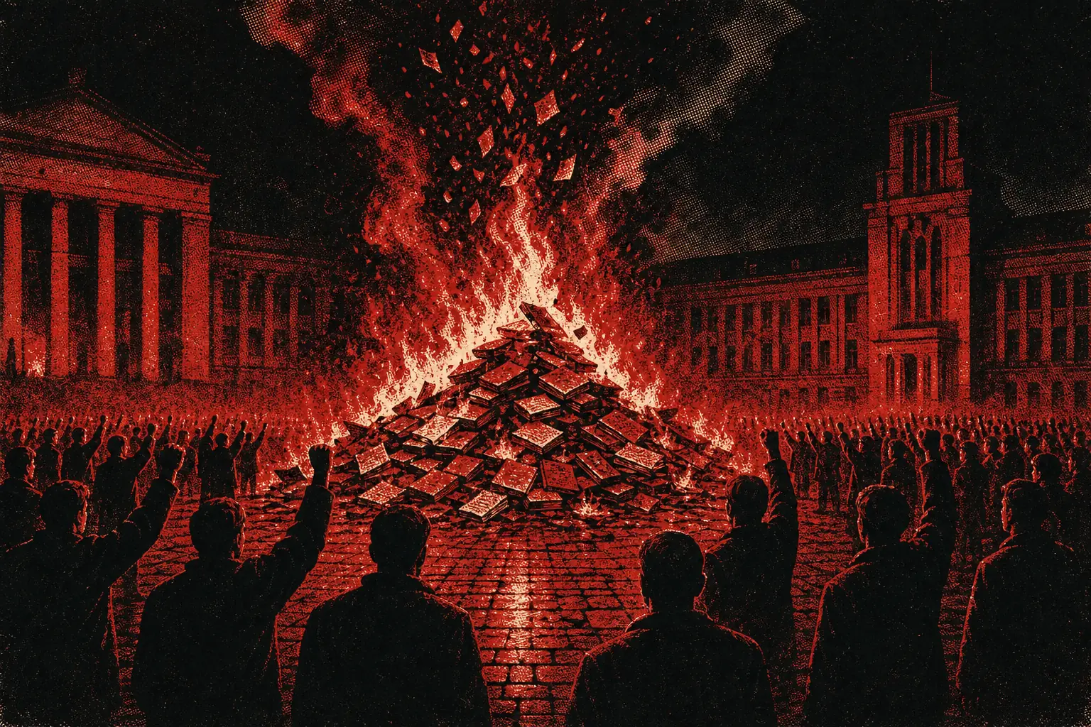 A bonfire of books in a public square, ringed by a crowd of faceless figures.